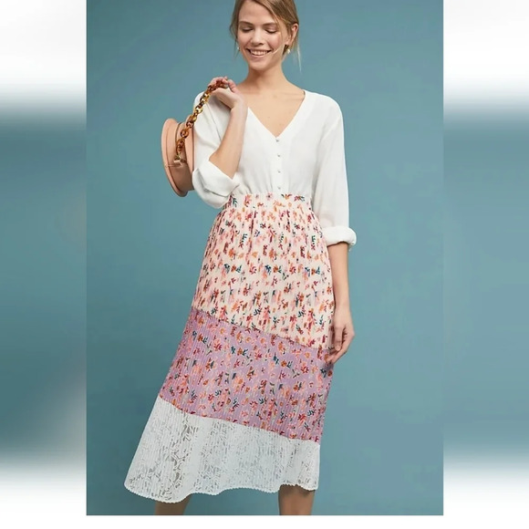 Anthropologie LAIA Pleated Floral Midi Skirt Lace Pink Purple Large NWT.  - Picture 1 of 10